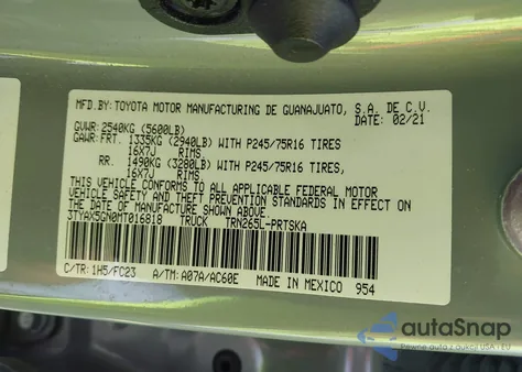 2021 Toyota Tacoma Sr5 из США, поврежденный, VIN 3TYAX5GN0MT016818